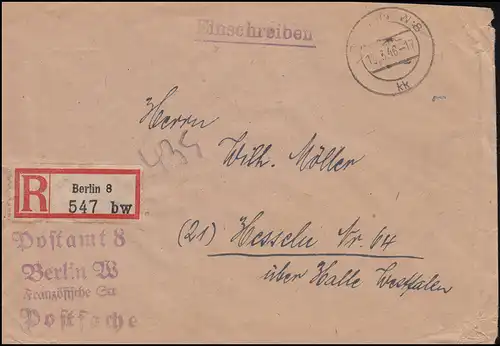 Affaire postale R-Lettre BERLIN W 8 - 13.3.46 vers Hesseln/Halle in Westt. INFLA-gepr.