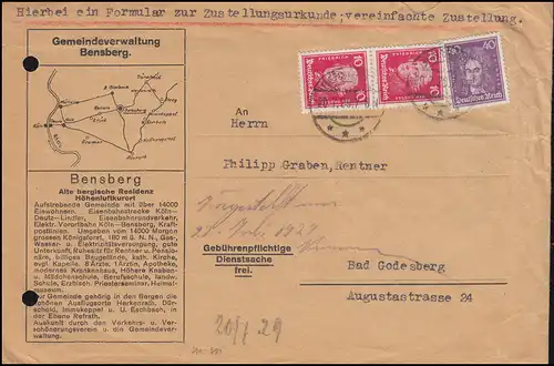 390 Friedrich der Große + 395 Leibnitz auf Zustellungsurkunde BENSBERG 20.7.1929