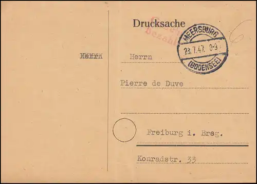 Gebühr-bezahlt-Stempel auf Postkarte MEERSBURG (BODENSEE) 28.7.47 nach Freiburg