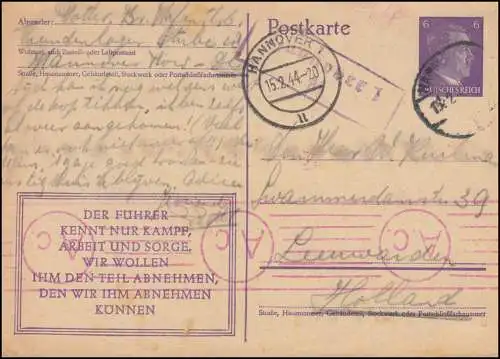 Censure Tampon en cercle A.c. sur P 312/08 Landpost Hannover 1 M, HANNOVER 15.2.44