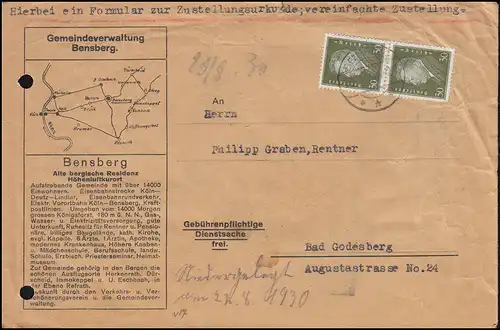 417 Ebert 30 Pf. als senkrechtes Paar auf Zustellungurkunde BENSBERG 20.8.1930