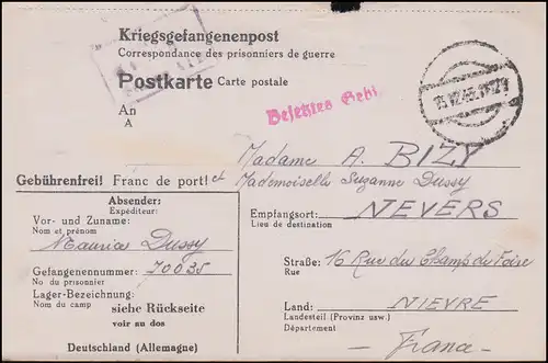 Poste de prisonniers de guerre Stalag XI B, timbre-cadran 15.12.1943, vers la France