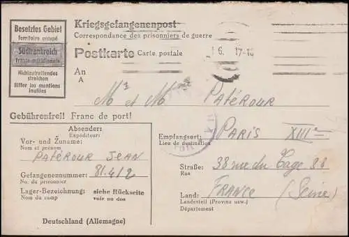 Kriegsgefangenenpost Stalag VII A, Tarnstempel 1.6.44 nach Paris / Frankreich