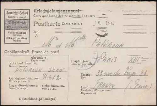 Poste de prisonniers de guerre Stalag VII A, timbre-cadran 1.6.44 vers Paris / France