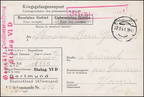 Poste de prisonniers de guerre Stalag VI D Dortmund Tarnschampt 22.8.1941 en France