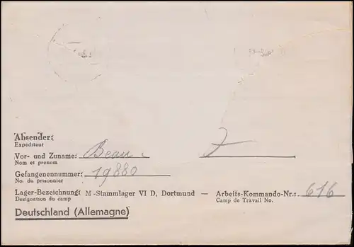 Poste de prisonniers de guerre Stalag VI D Dortmund Tarnschampt 10.2.1942