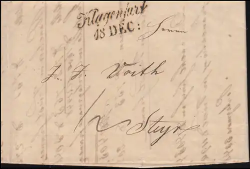 Autriche Vorphilatelie Bildschrift Ziegeler Klagenfurt 18.12. [1842] selon STEYR