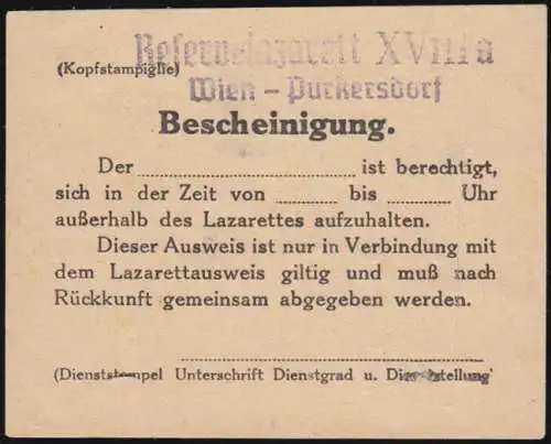 Bescheinigung Reservelazarett XVIIIa Wien-Purkersdorf zum Verlasses des Lazerett