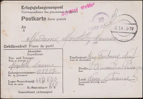 Poste de prisonniers de guerre Stalag XI B, timbre-cadran 12.3.1942, vers la France