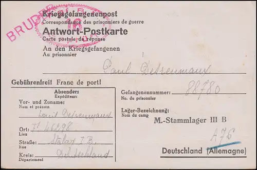 Kriegsgefangenenpost Antwort-PK an Stalag III B aus Deutschland Feldpost F 46298