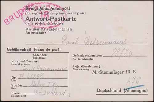 Post de prisonniers de guerre Réponse-PK à Stalag III B de l'Allemagne Feldpost F 46298