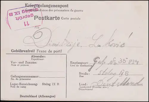 Poste de prisonniers de guerre Stalag IX B à Stalage IXB, écrit 5.4.1943