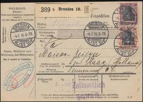89+91 Germania-Frankatur sur carte de paquet DRESDEN-ALTVADT 4.3.1916 vers la Hollande