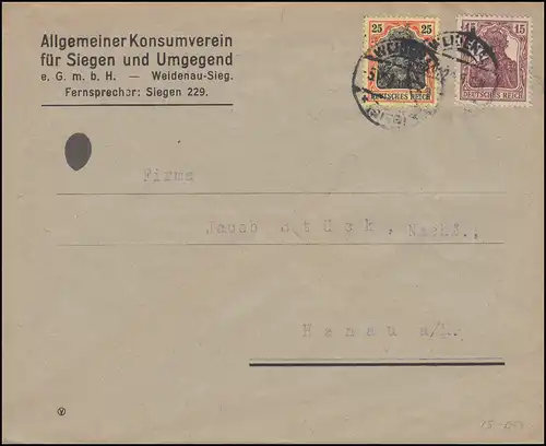 88+142 Germania-MiF Lettre Konsumenverein Siegen und Umwelden WEIDENAU 1920