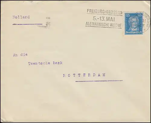 393 Goethe 25 Pf EF Brief Werbestempel Alemannische Woche FREIBURG BR. 4.5.28