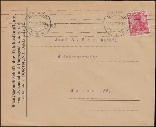 145 Germania 40 Pfennig EF auf Brief Feinkostkaufleute DORTMUND 17.9.1920