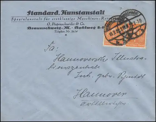 189 Schnitter 150 Pf. im Paar MeF Brief BRAUNSCHWEIG 19.7.1922 nach Hannover