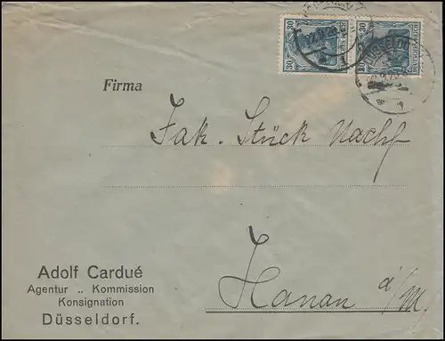 144II Germania 30 Pf en tant que MeF sur lettre DUSSELDORF 22.9.1920 vers Hanau / Main