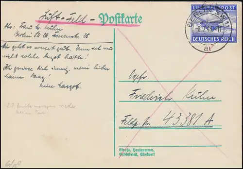 Luftfeldpost 1A Flugzeug EF auf Postkarte BERLIN SW 11 - 8.7.43 an 43381A