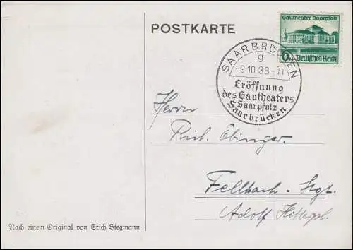 673 Théâtre Saarpfalz 6 Pf en tant qu'EF sur la carte de vue ET ESSt SAARBRÜCK 9.10.38