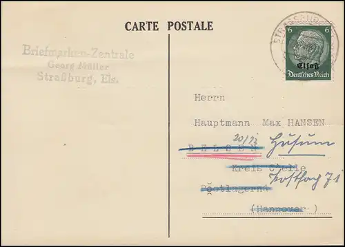 Elsaß 4 Hindenburg 6 Pf mit Aufdruck als EF auf Postkarte STRASSBURG 7.12.1940