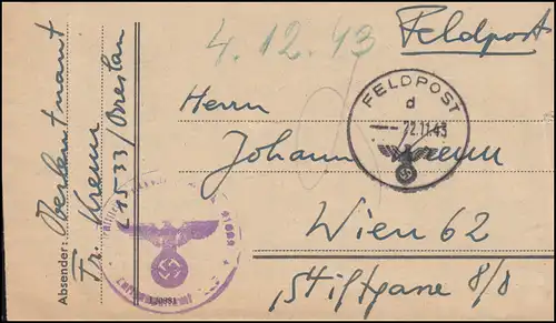 Poste de terrain 22.11.43 sur lettre à Vienne, manuscrit L 1533 / Wroclaw