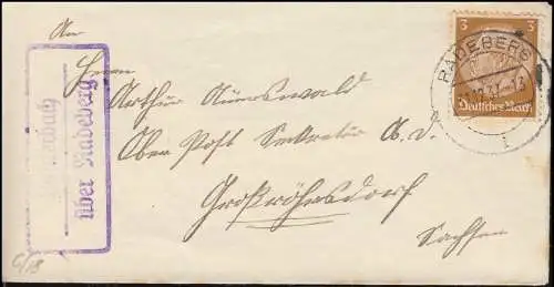 Landpost Lauterbach über RADEBERG 31.12.1937 nach Großröhrsdorf