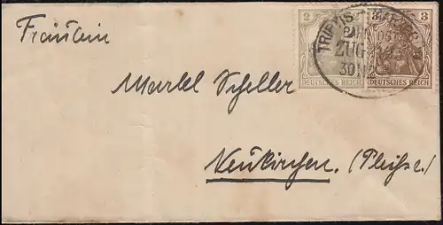 Brief mit Germania-Frankatur Bahnpost TRIPTIS - MARXGRÜN nach Neukirchen um 1920