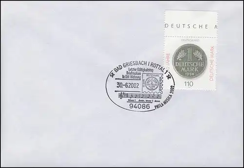 Euro-Einführung: Letzttag Briefmarken DM-Währung SSt Bad Griesbach 30.6.02