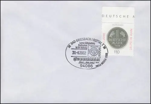 Introduction de l'euro: Le dernier jour Timbres Monnaie DM SSt Bad Griesbach 30.6.02