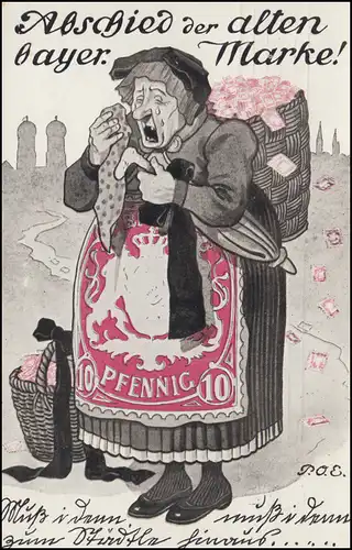Karikatur-Ansichtskarte Abschied der alten bayerischen Marke! MÜNCHEN 23.2.1911