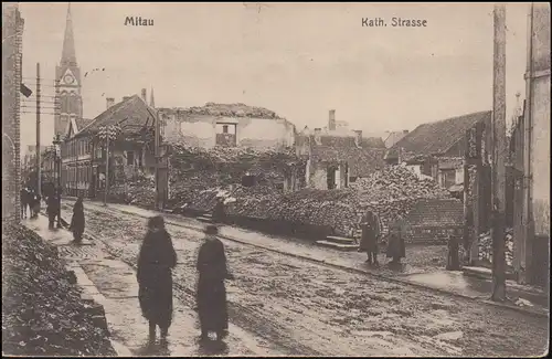 Carte visuelle La rue Mitau Kath. détruite, comme un poste de champ 214 - 10.4.1916