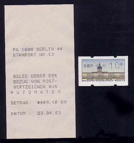 ATM Berlin, Einzelmarke mit passender Quittung vom MWZD