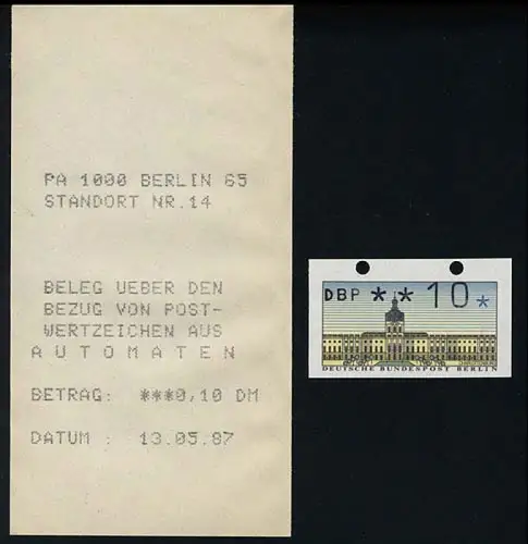 ATM Berlin, Einzelmarke mit geschlossenen Löchern oben mit Automaten-Quittung 