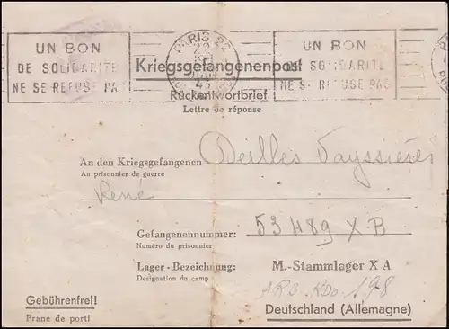 Kriegsgefangenenpost Rückantwortbrief PARIS 1943 an Stammlager X A - ARB.KDO 198