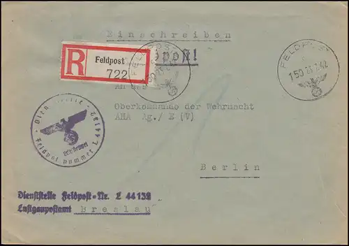 Feldpost 150 - 23.7.1942 auf R-Brief Dienststelle L 44132 nach BERLIN 31.7.42
