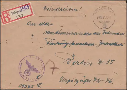 Feldpost 193 - 14.10.1942 auf R-Brief Dienststelle 09565 nach BERLIN 2.11.42