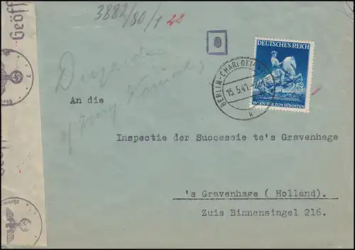 Censuration allemande sur lettre EF 771 Wiener Messe BERLIN-CHRLOTTENBURG 15.5.1941