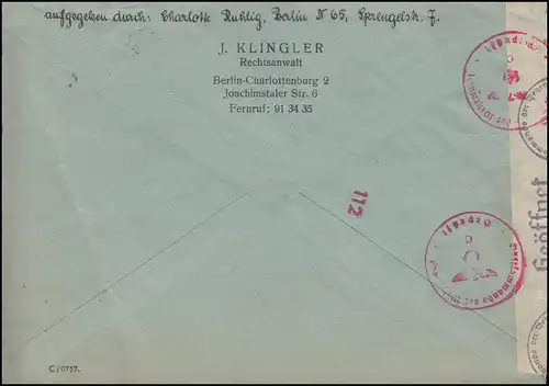 Deutsche Zensur auf Brief EF 771 Wiener Messe BERLIN-CHRLOTTENBURG 15.5.1941