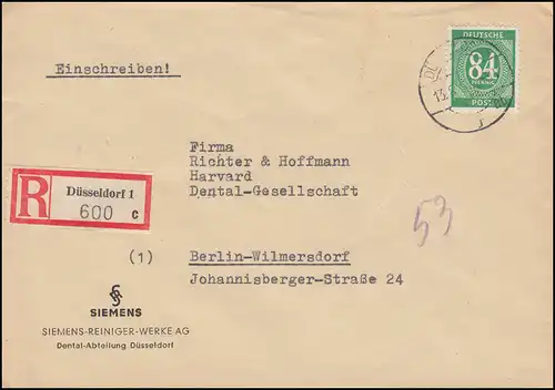 963 Ziffer 84 Pf als EF auf R-Brief Siemens-Reiniger Werke DÜSSELDORF 13.8.1946
