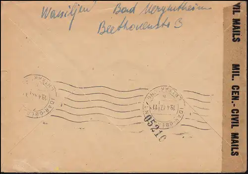 Cennorragie US-CIVIL CENSORSHIP FRENMANY 40212 R-Lettre BAD MERGENTHEIM 12.4.1947