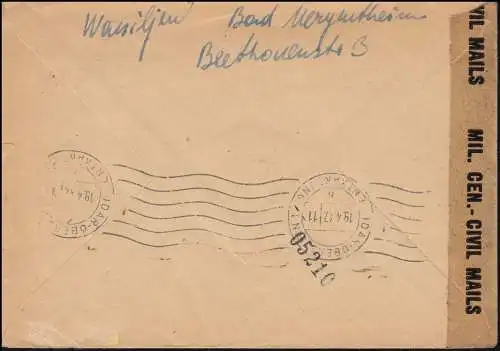 Zensur US-CIVIL CENSORSHIP GERMANY 40212 R-Brief BAD MERGENTHEIM 12.4.1947