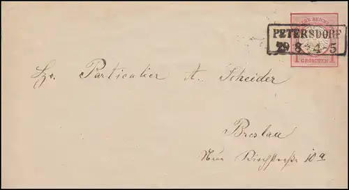 Enveloppe U 5 AII Tampon de poitrine PETERSDORF 29.8.1873 vers BRESLAU