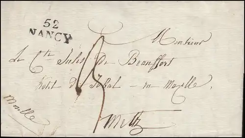 Frankreich Vorphilatelie schwarzer Zweizeiler 52 NANCY geschrieben am 10.1.1827