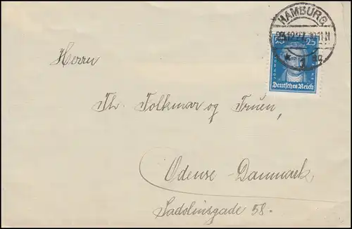 393 Goethe 25 Pf portogerechte EF Brief HAMBURG 1 - 23.12.1927 nach Dänemark