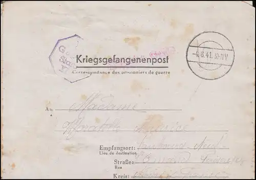 Kriegsgefangenenpost Stalag XI B - 765, Tarnstempel 4.8.1941, nach Frankreich