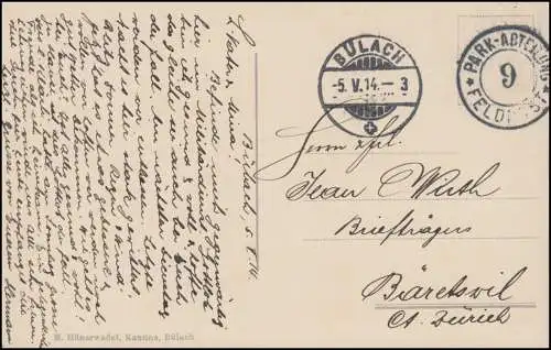 Schweiz Feldpost PARK-ABTEILUNG FELDPOST 9 auf AK Kaserne Bülach 5.5.1914
