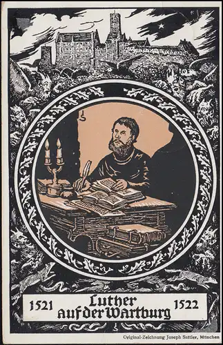 AK Luther sur le Wartburg, timbre publicitaire Luth-Image EISENACH WARTBURG 5.5.21