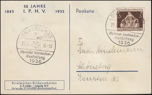 Briefmarken-Bildpostkarte Verlag Schaubek 50 Jahre I.P.H.V. DÜSSELDORF 20.6.36
