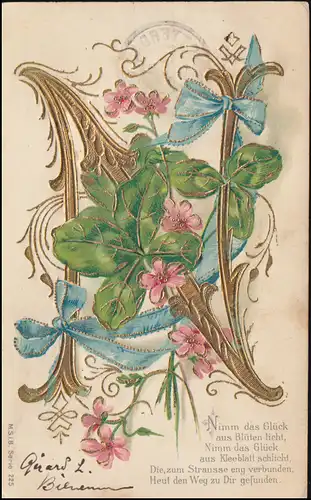 Glückwunschkarte mit Buchstabe N und passendem Gedicht aus RUHRORT 12.8.1904